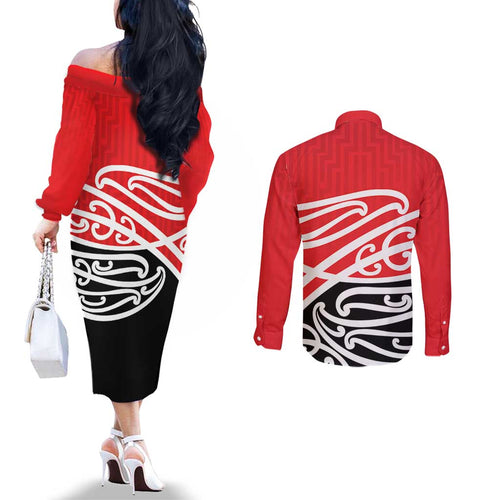All Red New Zealand Kowhai Ngutukak Couples Matching Off The Shoulder Long Sleeve Dress and Long Sleeve Button Shirt - Aussie Hoodie