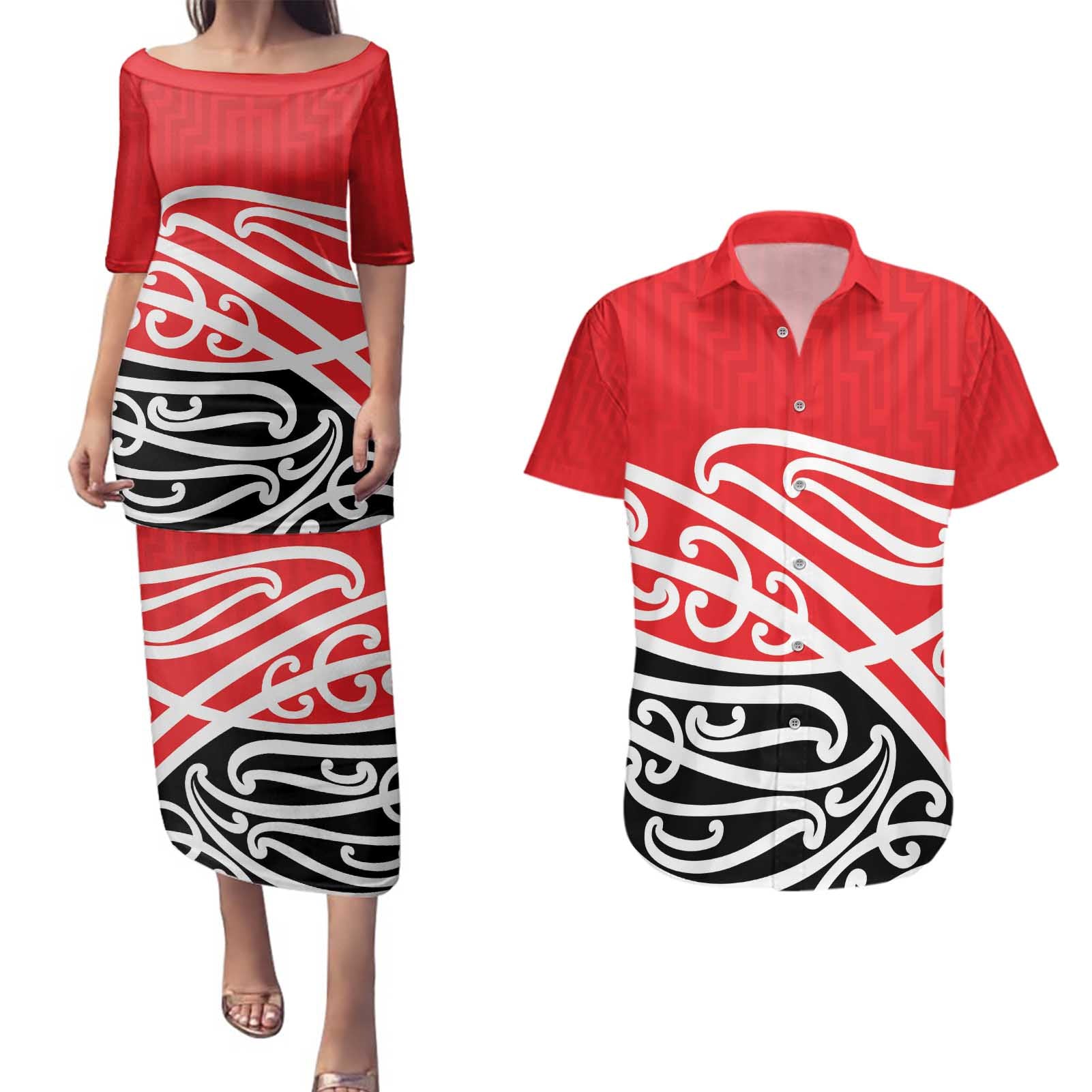 All Red New Zealand Kowhai Ngutukak Couples Matching Puletasi and Hawaiian Shirt - Aussie Hoodie