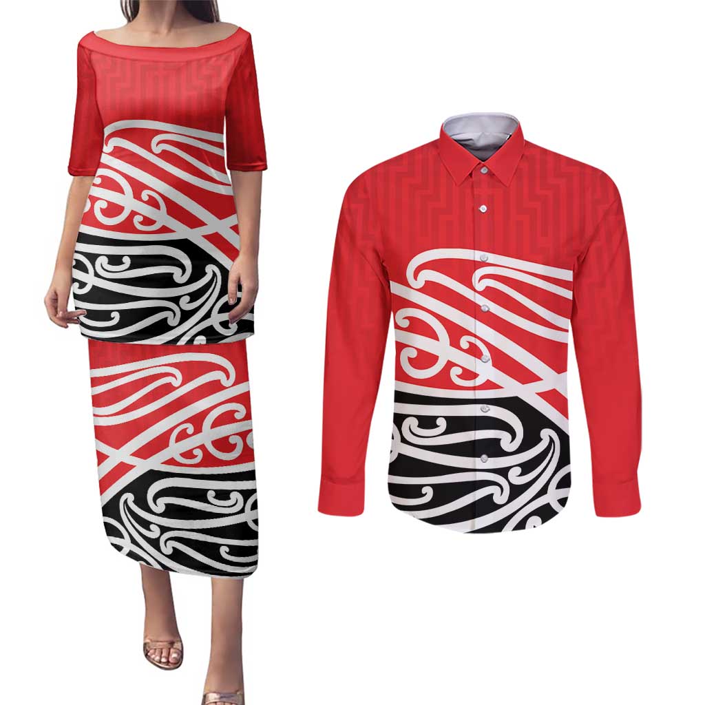 All Red New Zealand Kowhai Ngutukak Couples Matching Puletasi and Long Sleeve Button Shirt - Aussie Hoodie