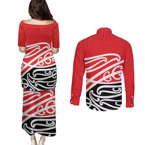 All Red New Zealand Kowhai Ngutukak Couples Matching Puletasi and Long Sleeve Button Shirt - Aussie Hoodie