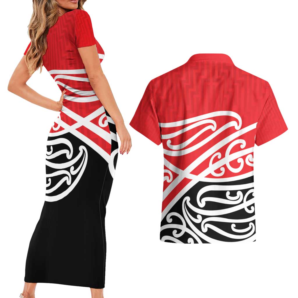 All Red New Zealand Kowhai Ngutukak Couples Matching Short Sleeve Bodycon Dress and Hawaiian Shirt - Aussie Hoodie