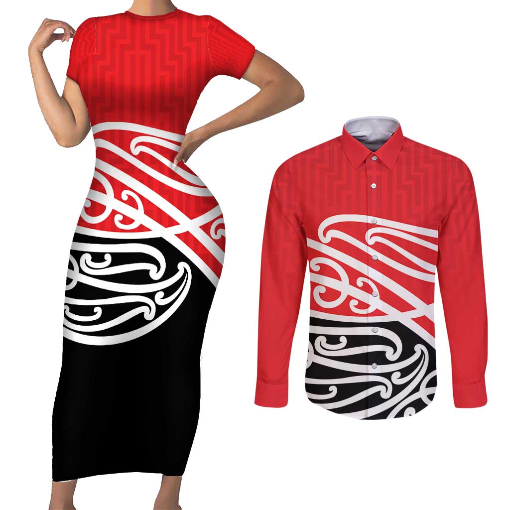 All Red New Zealand Kowhai Ngutukak Couples Matching Short Sleeve Bodycon Dress and Long Sleeve Button Shirt - Aussie Hoodie