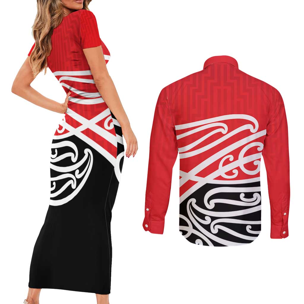 All Red New Zealand Kowhai Ngutukak Couples Matching Short Sleeve Bodycon Dress and Long Sleeve Button Shirt - Aussie Hoodie