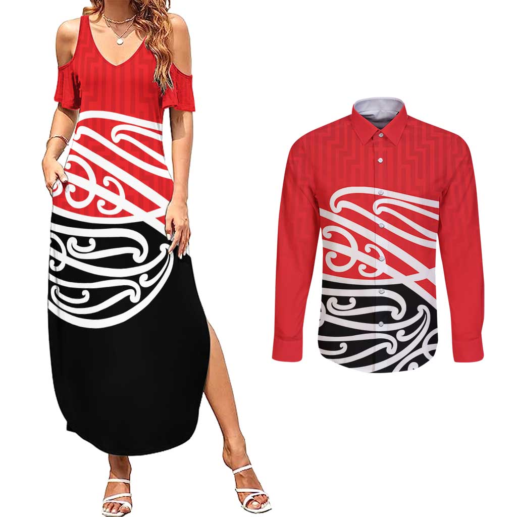 All Red New Zealand Kowhai Ngutukak Couples Matching Summer Maxi Dress and Long Sleeve Button Shirt - Aussie Hoodie