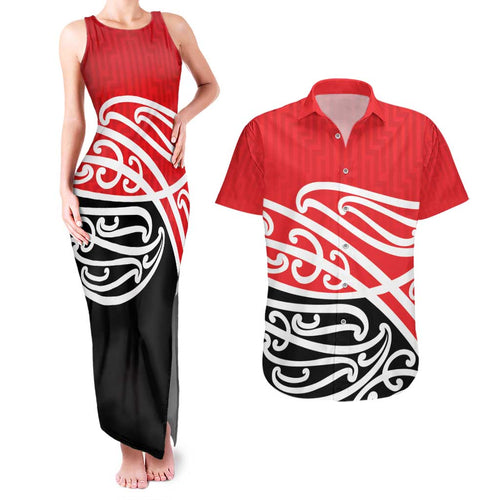 All Red New Zealand Kowhai Ngutukak Couples Matching Tank Maxi Dress and Hawaiian Shirt - Aussie Hoodie