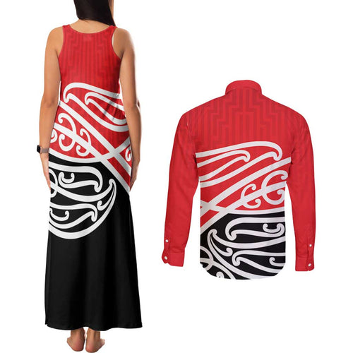 All Red New Zealand Kowhai Ngutukak Couples Matching Tank Maxi Dress and Long Sleeve Button Shirt - Aussie Hoodie