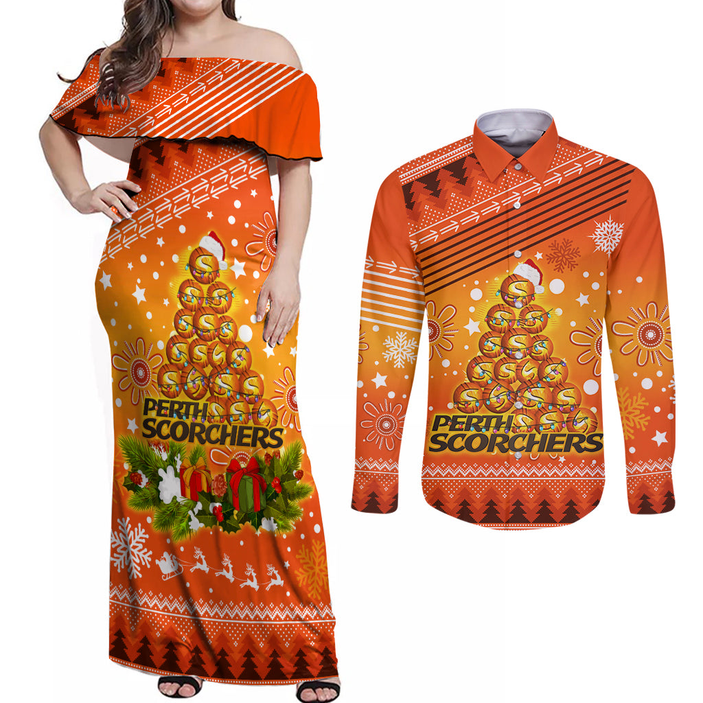 custom-scorchers-bbl-couples-matching-off-shoulder-maxi-dress-and-long-sleeve-button-shirt-christmas-vibe-2023