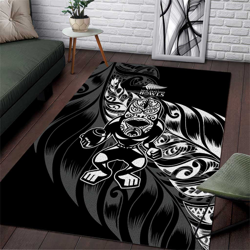 New Zealand Lawn Bowls Area Rug Black Maori Warrior Tribal Silver Fern - Aussie Hoodie