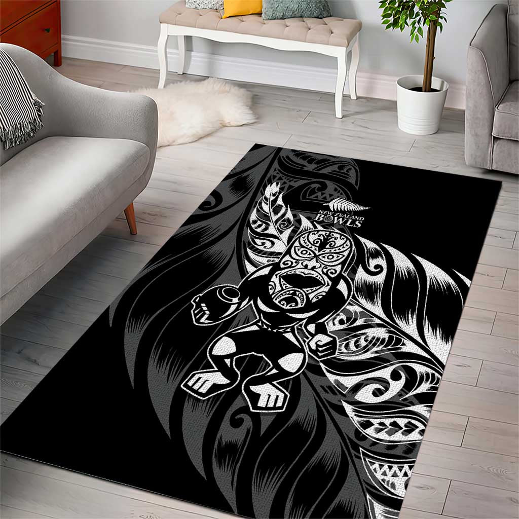 New Zealand Lawn Bowls Area Rug Black Maori Warrior Tribal Silver Fern - Aussie Hoodie