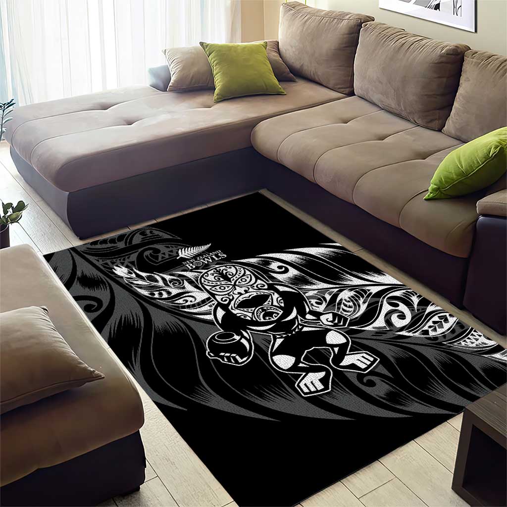 New Zealand Lawn Bowls Area Rug Black Maori Warrior Tribal Silver Fern - Aussie Hoodie