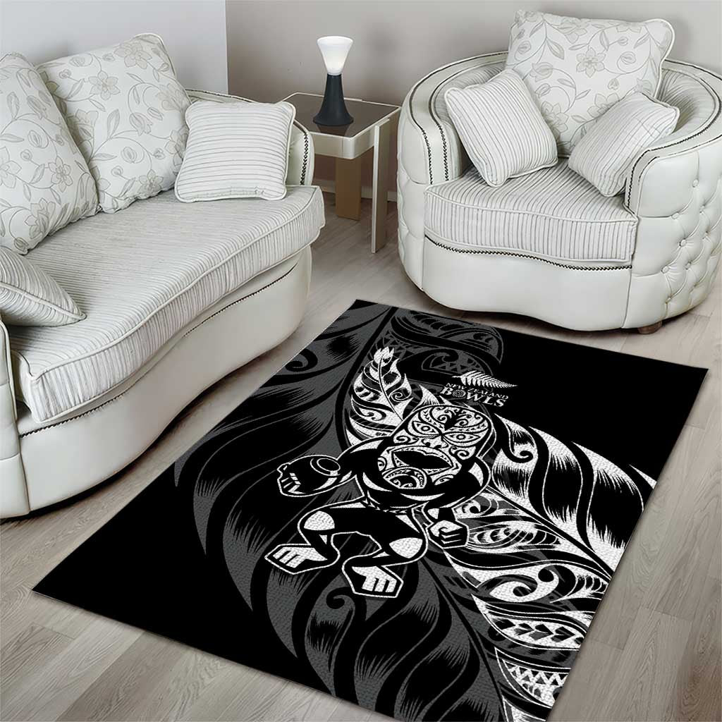 New Zealand Lawn Bowls Area Rug Black Maori Warrior Tribal Silver Fern - Aussie Hoodie