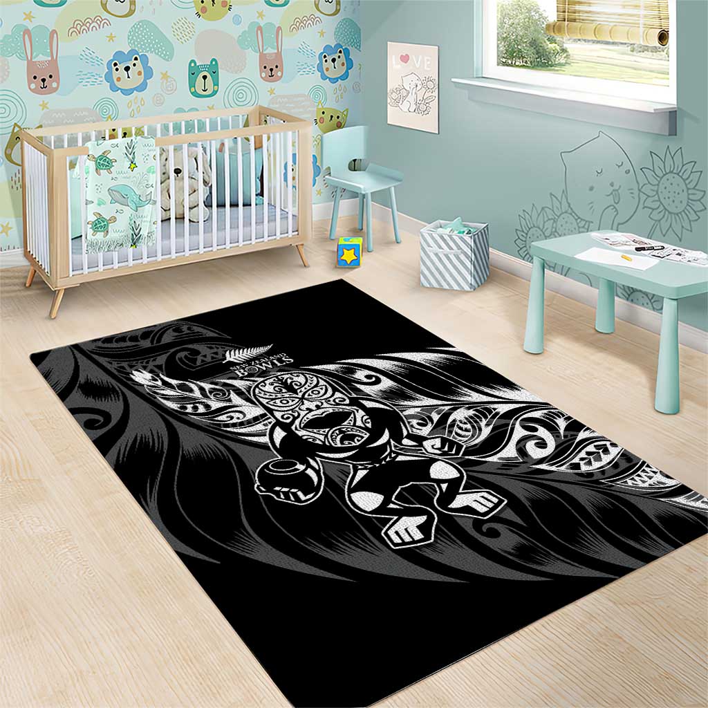 New Zealand Lawn Bowls Area Rug Black Maori Warrior Tribal Silver Fern - Aussie Hoodie