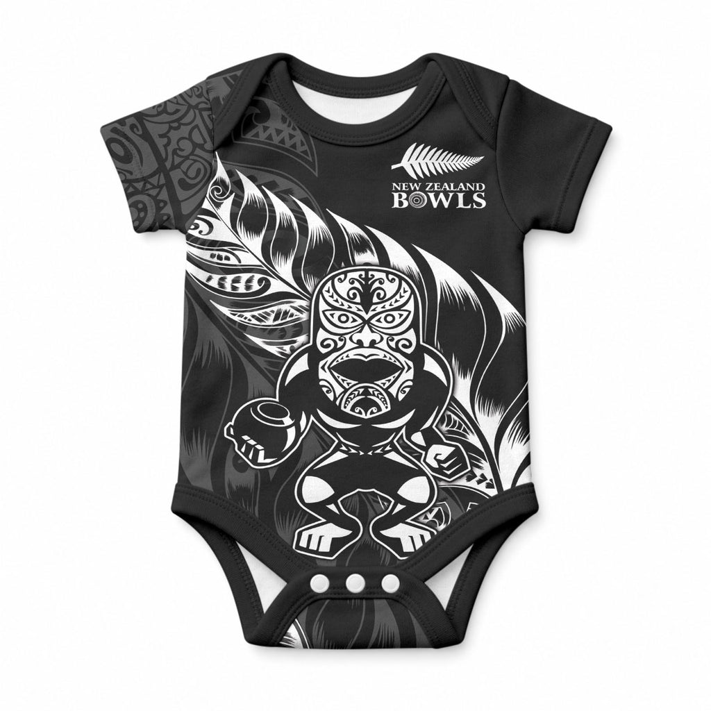 New Zealand Lawn Bowls Custom Baby Onesie Black Maori Warrior Tribal Silver Fern