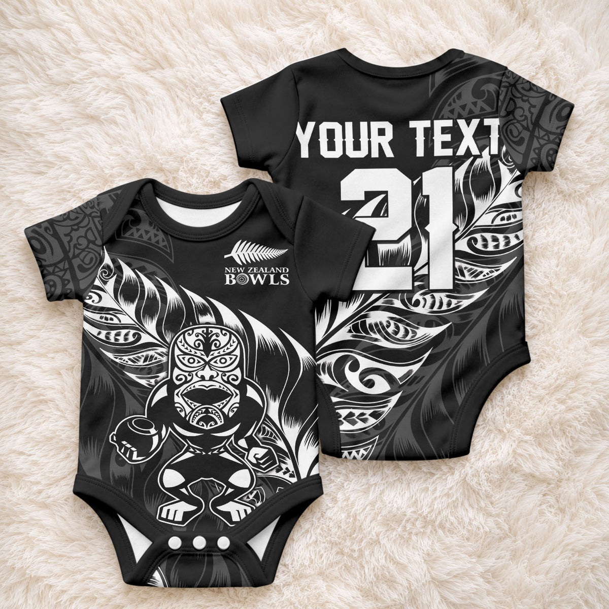 New Zealand Lawn Bowls Custom Baby Onesie Black Maori Warrior Tribal Silver Fern