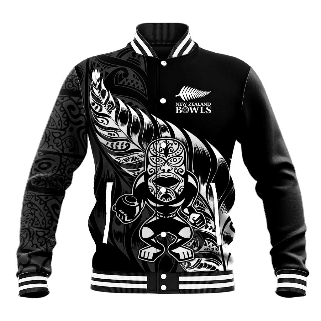 New Zealand Lawn Bowls Custom Baseball Jacket Black Maori Warrior Tribal Silver Fern - Aussie Hoodie