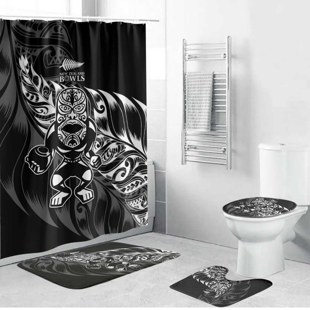 New Zealand Lawn Bowls Bathroom Set Black Maori Warrior Tribal Silver Fern - Aussie Hoodie