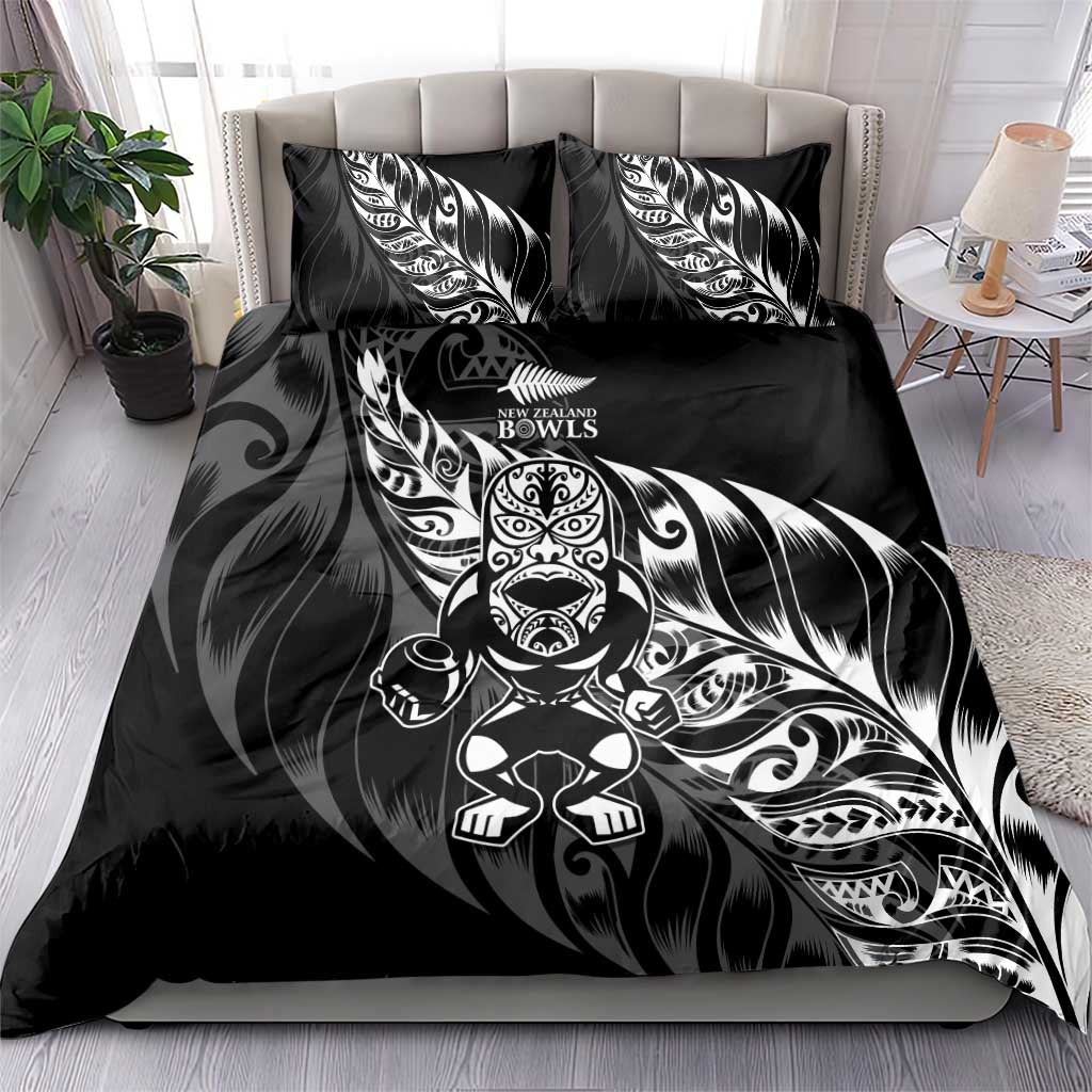 New Zealand Lawn Bowls Bedding Set Black Maori Warrior Tribal Silver Fern - Aussie Hoodie