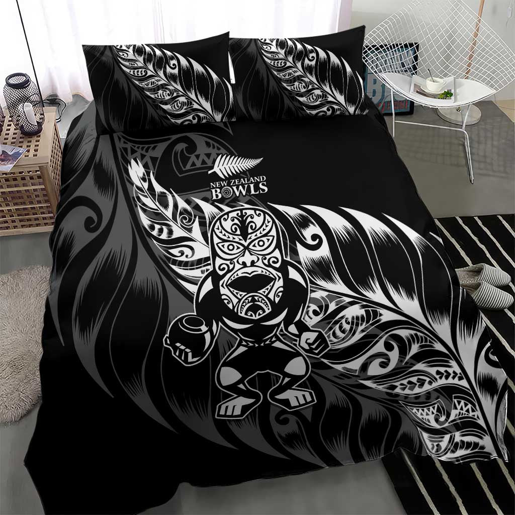 New Zealand Lawn Bowls Bedding Set Black Maori Warrior Tribal Silver Fern - Aussie Hoodie
