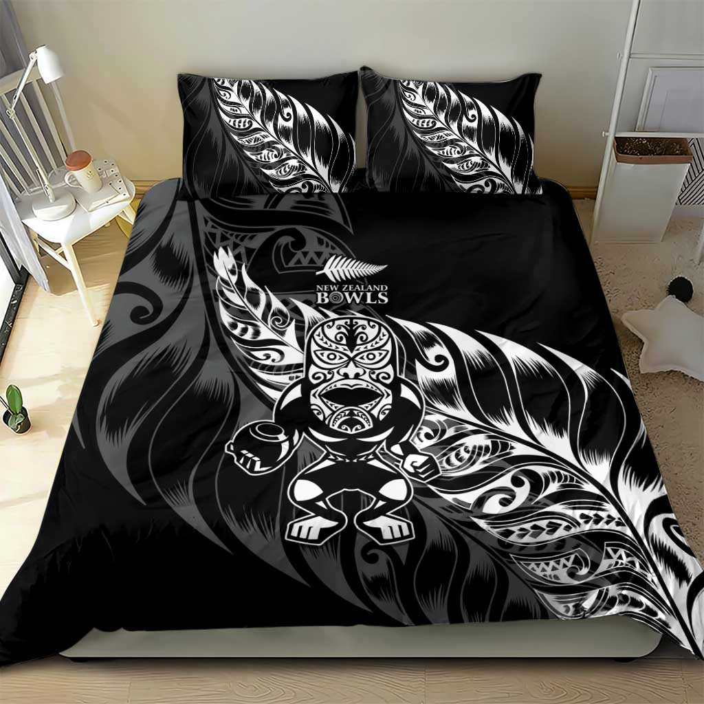 New Zealand Lawn Bowls Bedding Set Black Maori Warrior Tribal Silver Fern - Aussie Hoodie