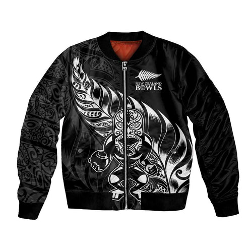 New Zealand Lawn Bowls Custom Bomber Jacket Black Maori Warrior Tribal Silver Fern - Aussie Hoodie