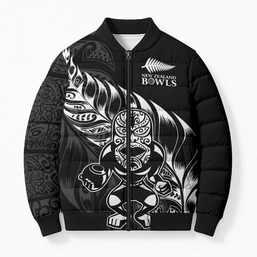 New Zealand Lawn Bowls Custom Bomber Puffer Jacket Black Maori Warrior Tribal Silver Fern - Aussie Hoodie