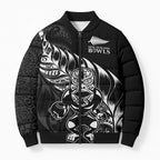New Zealand Lawn Bowls Custom Bomber Puffer Jacket Black Maori Warrior Tribal Silver Fern - Aussie Hoodie