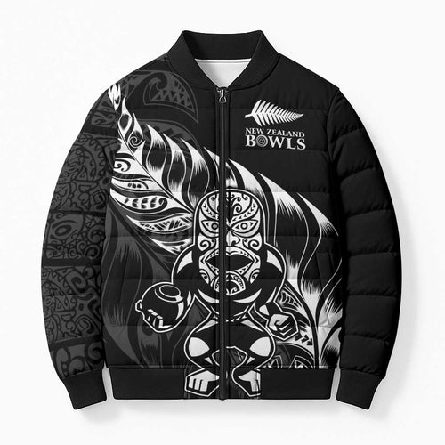 New Zealand Lawn Bowls Custom Bomber Puffer Jacket Black Maori Warrior Tribal Silver Fern - Aussie Hoodie