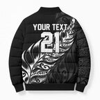 New Zealand Lawn Bowls Custom Bomber Puffer Jacket Black Maori Warrior Tribal Silver Fern - Aussie Hoodie