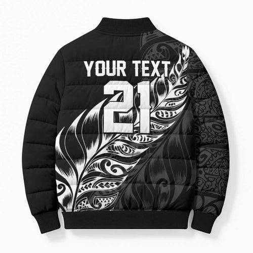 New Zealand Lawn Bowls Custom Bomber Puffer Jacket Black Maori Warrior Tribal Silver Fern - Aussie Hoodie