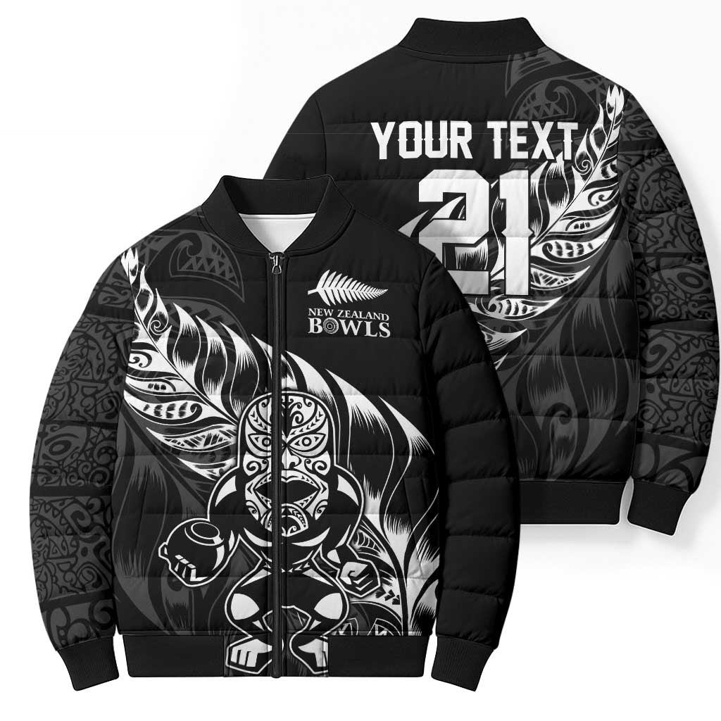 New Zealand Lawn Bowls Custom Bomber Puffer Jacket Black Maori Warrior Tribal Silver Fern - Aussie Hoodie
