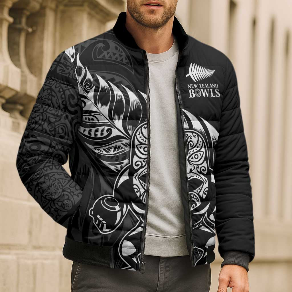 New Zealand Lawn Bowls Custom Bomber Puffer Jacket Black Maori Warrior Tribal Silver Fern - Aussie Hoodie