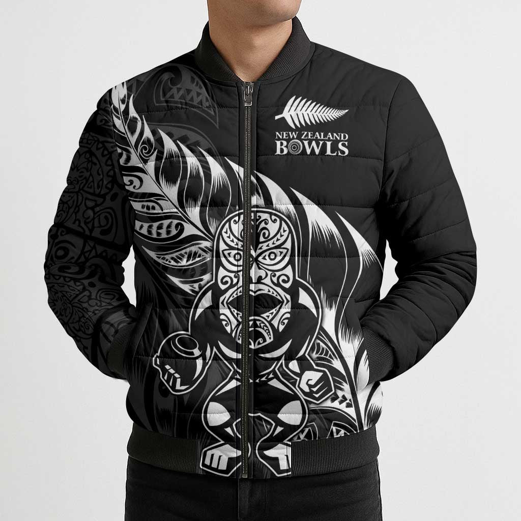 New Zealand Lawn Bowls Custom Bomber Puffer Jacket Black Maori Warrior Tribal Silver Fern - Aussie Hoodie