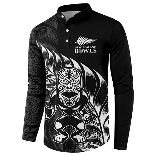 New Zealand Lawn Bowls Custom Button Sweatshirt Black Maori Warrior Tribal Silver Fern - Aussie Hoodie