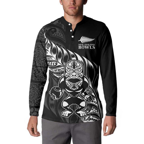New Zealand Lawn Bowls Custom Button Sweatshirt Black Maori Warrior Tribal Silver Fern - Aussie Hoodie