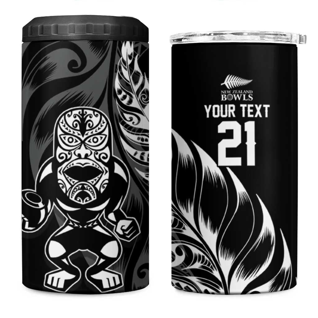 New Zealand Lawn Bowls Custom 4 in 1 Can Cooler Tumbler Black Maori Warrior Tribal Silver Fern - Aussie Hoodie