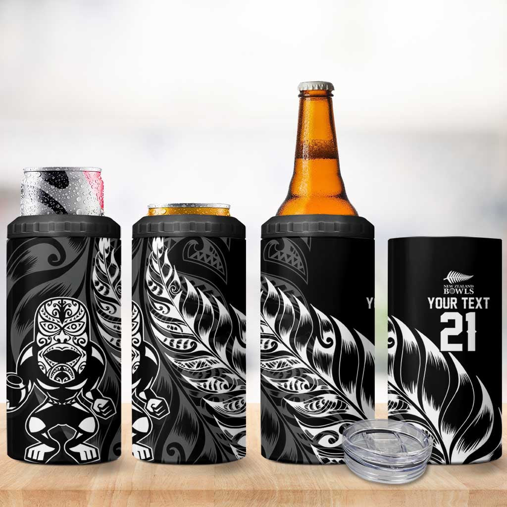 New Zealand Lawn Bowls Custom 4 in 1 Can Cooler Tumbler Black Maori Warrior Tribal Silver Fern - Aussie Hoodie