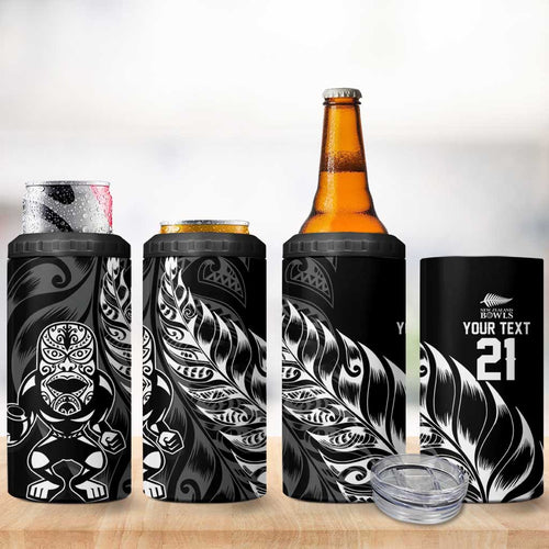 New Zealand Lawn Bowls Custom 4 in 1 Can Cooler Tumbler Black Maori Warrior Tribal Silver Fern - Aussie Hoodie
