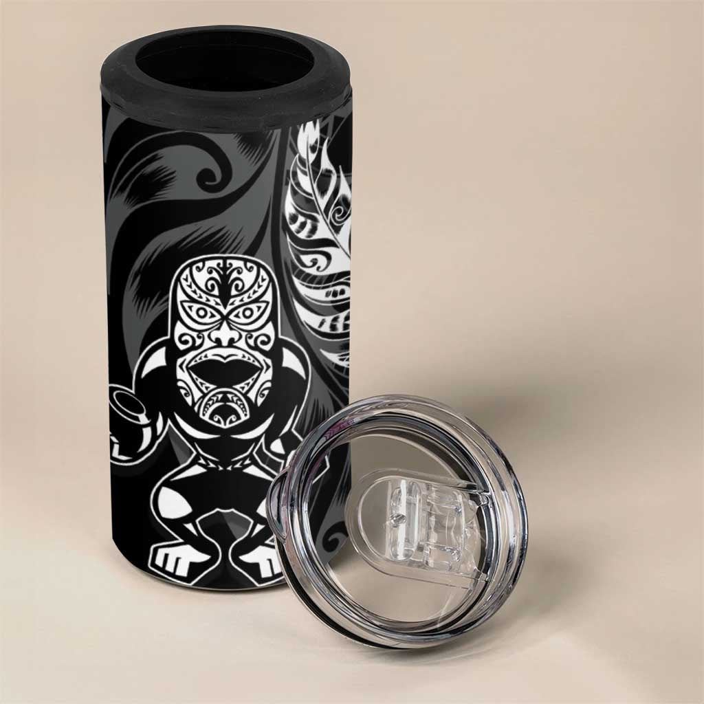 New Zealand Lawn Bowls Custom 4 in 1 Can Cooler Tumbler Black Maori Warrior Tribal Silver Fern - Aussie Hoodie