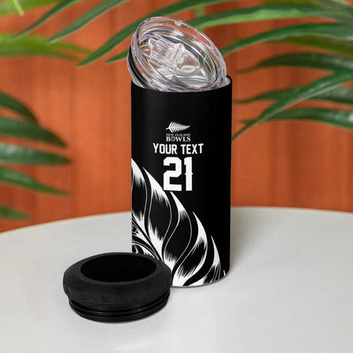 New Zealand Lawn Bowls Custom 4 in 1 Can Cooler Tumbler Black Maori Warrior Tribal Silver Fern - Aussie Hoodie