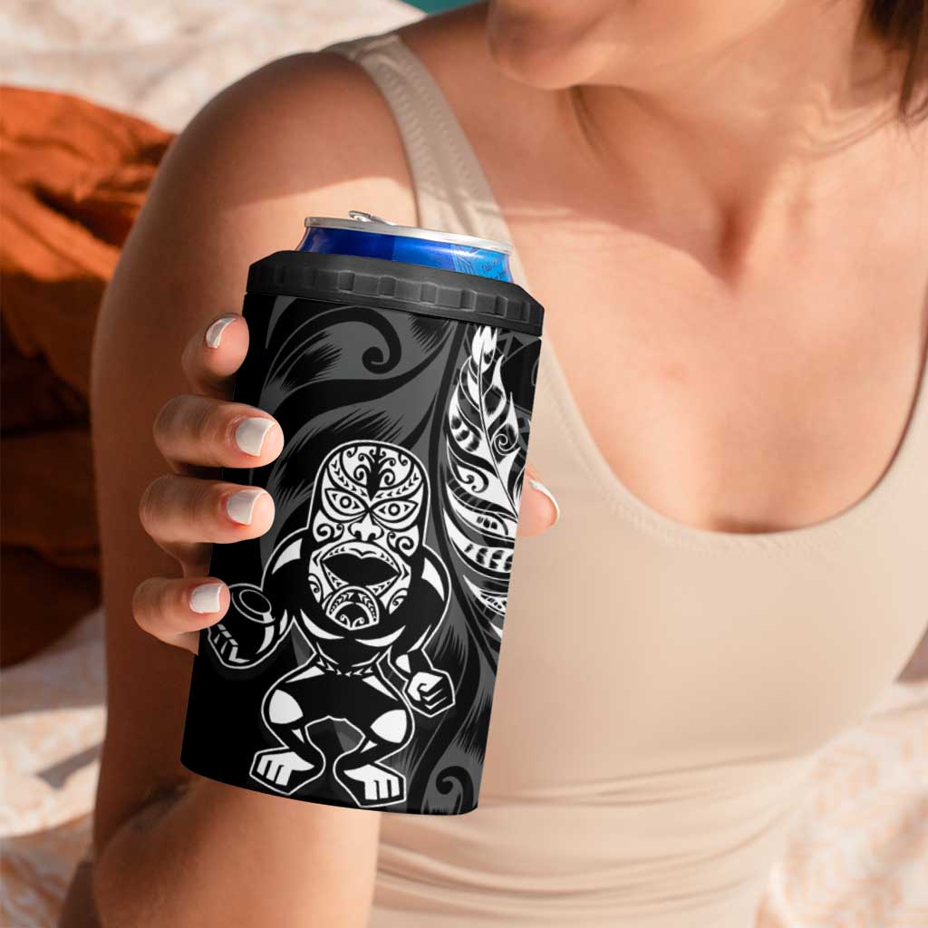 New Zealand Lawn Bowls Custom 4 in 1 Can Cooler Tumbler Black Maori Warrior Tribal Silver Fern - Aussie Hoodie
