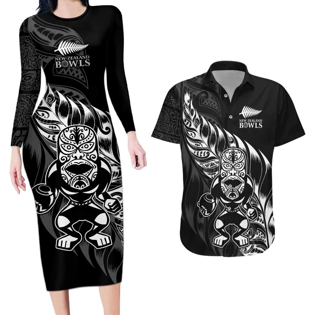 New Zealand Lawn Bowls Custom Couples Matching Long Sleeve Bodycon Dress and Hawaiian Shirt Black Maori Warrior Tribal Silver Fern - Aussie Hoodie