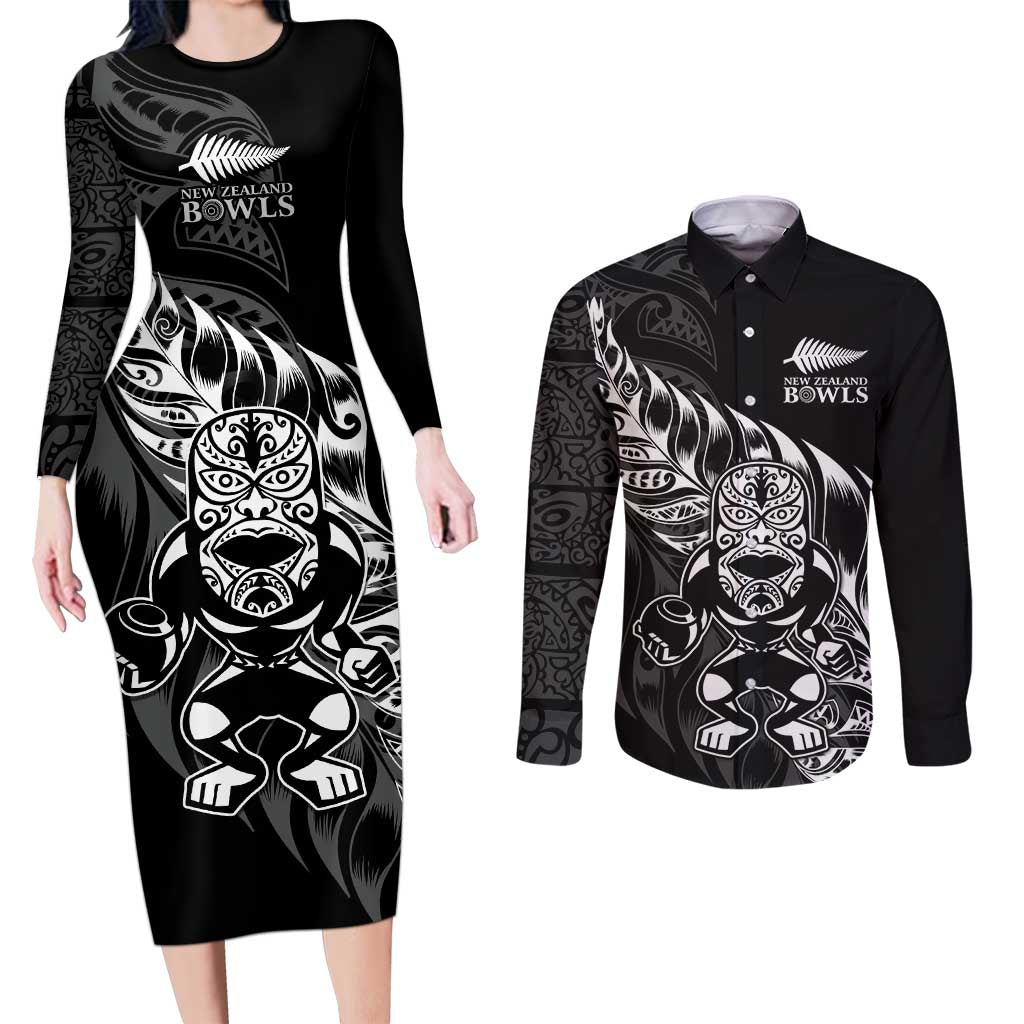 New Zealand Lawn Bowls Custom Couples Matching Long Sleeve Bodycon Dress and Long Sleeve Button Shirt Black Maori Warrior Tribal Silver Fern - Aussie Hoodie