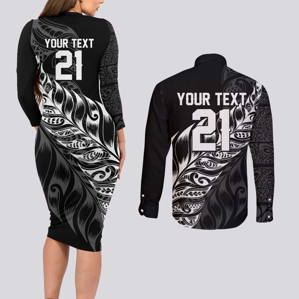 New Zealand Lawn Bowls Custom Couples Matching Long Sleeve Bodycon Dress and Long Sleeve Button Shirt Black Maori Warrior Tribal Silver Fern - Aussie Hoodie