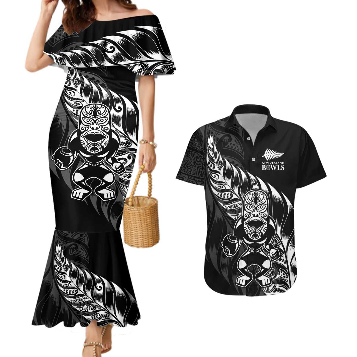 New Zealand Lawn Bowls Custom Couples Matching Mermaid Dress and Hawaiian Shirt Black Maori Warrior Tribal Silver Fern - Aussie Hoodie