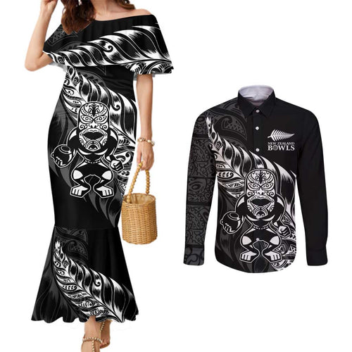 New Zealand Lawn Bowls Custom Couples Matching Mermaid Dress and Long Sleeve Button Shirt Black Maori Warrior Tribal Silver Fern - Aussie Hoodie