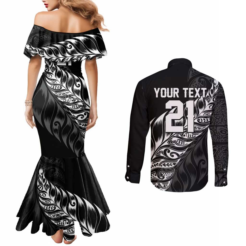 New Zealand Lawn Bowls Custom Couples Matching Mermaid Dress and Long Sleeve Button Shirt Black Maori Warrior Tribal Silver Fern - Aussie Hoodie