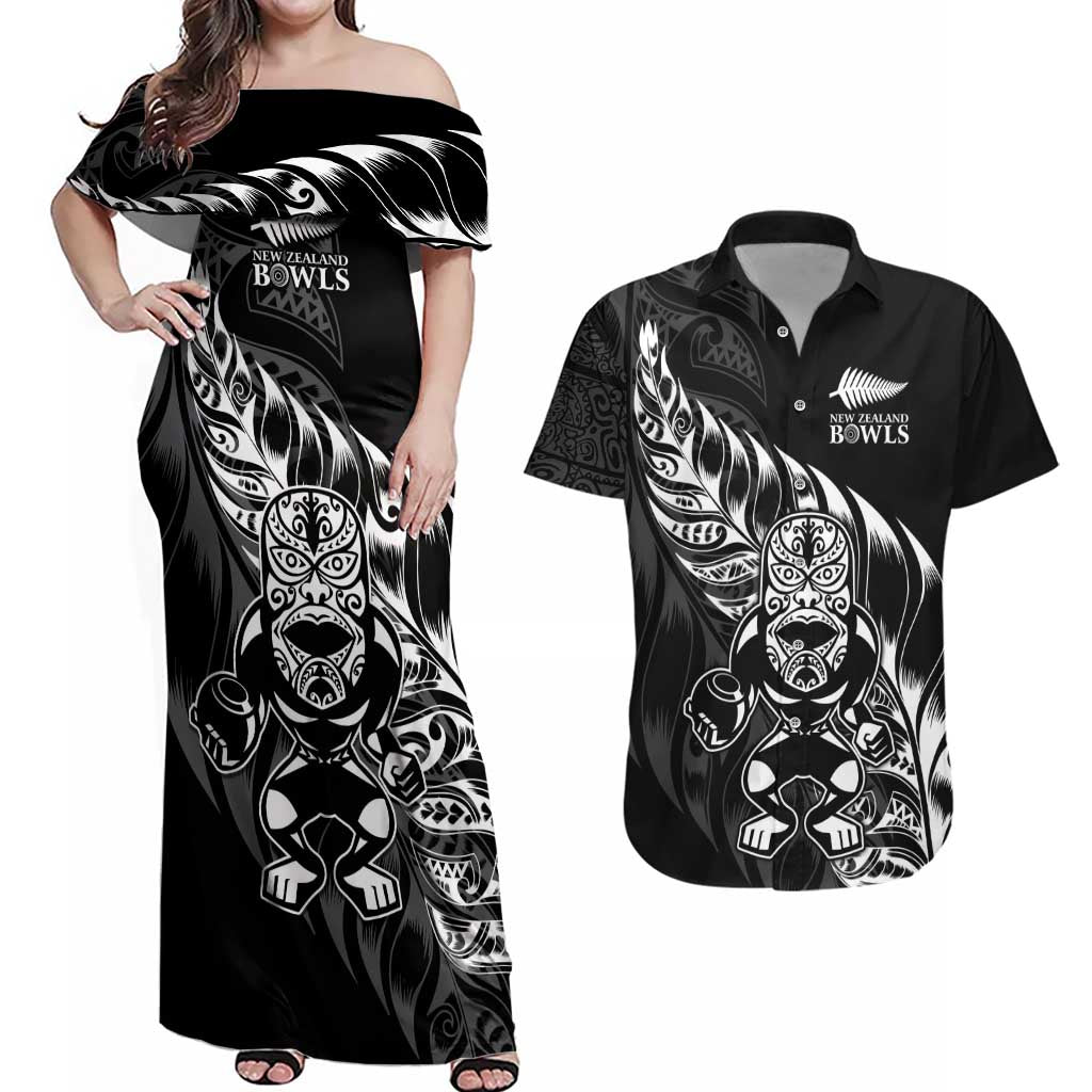 New Zealand Lawn Bowls Custom Couples Matching Off Shoulder Maxi Dress and Hawaiian Shirt Black Maori Warrior Tribal Silver Fern - Aussie Hoodie