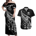 New Zealand Lawn Bowls Custom Couples Matching Off Shoulder Maxi Dress and Hawaiian Shirt Black Maori Warrior Tribal Silver Fern - Aussie Hoodie
