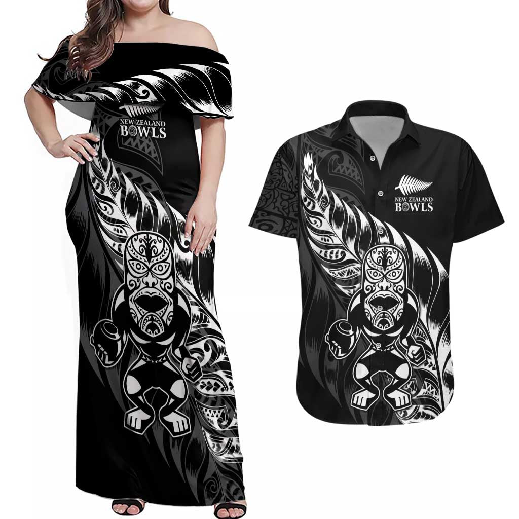 New Zealand Lawn Bowls Custom Couples Matching Off Shoulder Maxi Dress and Hawaiian Shirt Black Maori Warrior Tribal Silver Fern - Aussie Hoodie