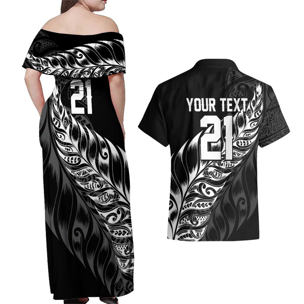 New Zealand Lawn Bowls Custom Couples Matching Off Shoulder Maxi Dress and Hawaiian Shirt Black Maori Warrior Tribal Silver Fern - Aussie Hoodie